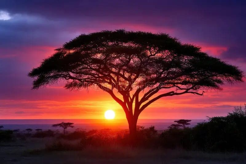 Sunset behind acacia silhouettes on the savannah